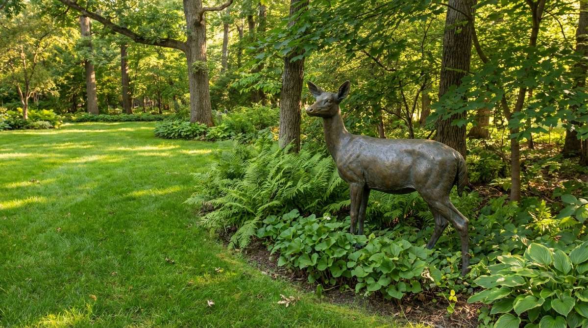 A life-size or slightly smaller white-tailed deer doe statue in an alert stance with head turned, made of bronze or resin, positioned at the transition between lawn and wooded areas in a garden. The statue captures the grace and wariness of deer, with accurate rendering of the sleek body and delicate legs, and is paired with native understory plants like ferns and wild ginger.