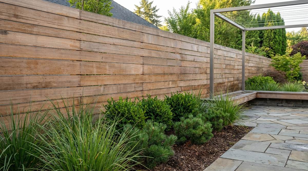 A modern wide plank horizontal fence design with six to eight-inch boards installed horizontally, featuring minimal gaps and clean lines. This contemporary fence creates a calm backdrop for ornamental plantings, suitable for small gardens and modern architecture with strong horizontal elements. The image highlights the cohesive design relationship between the fence and outdoor structures, emphasizing water-repellent finishes to prevent moisture accumulation.