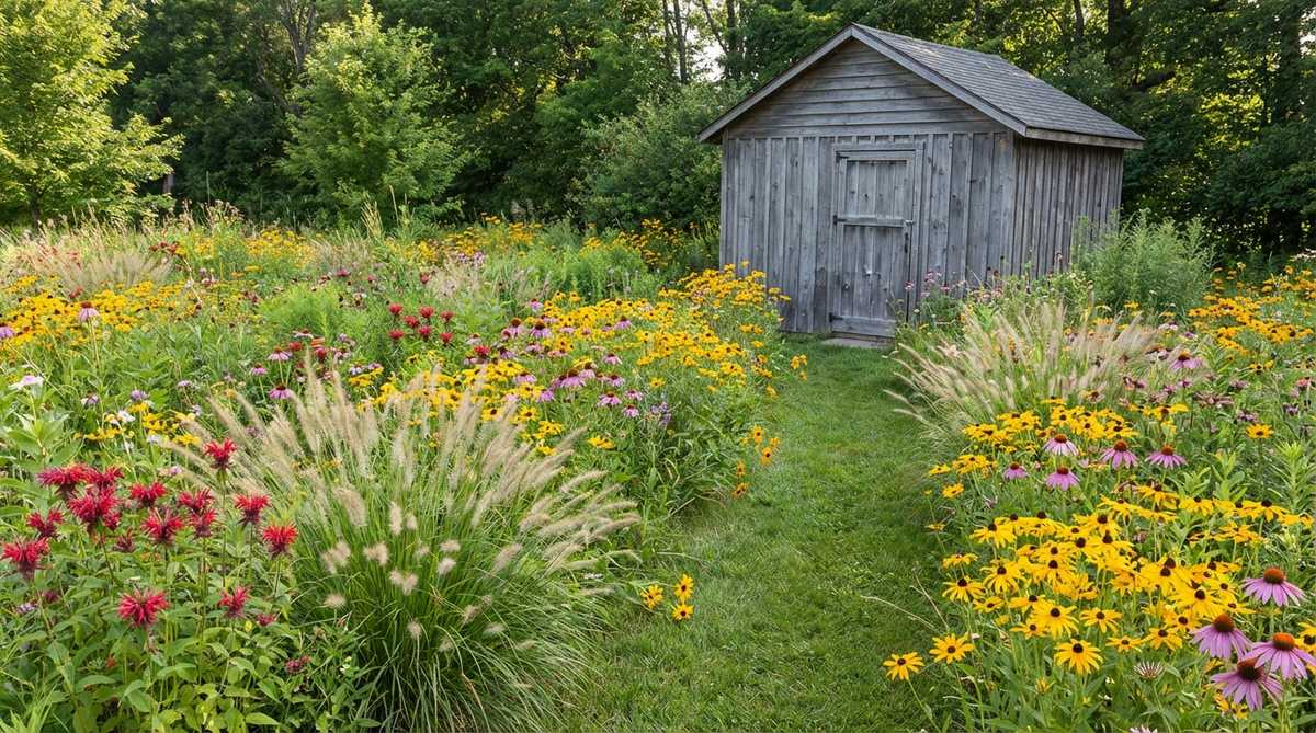 A cozy garden shed nestled within a native wildflower meadow featuring black-eyed Susans, coneflowers, bee balm, and ornamental grasses. The shed is painted in weathered gray tones that blend naturally with the landscape, connected by a narrow mowed pathway through the meadow.