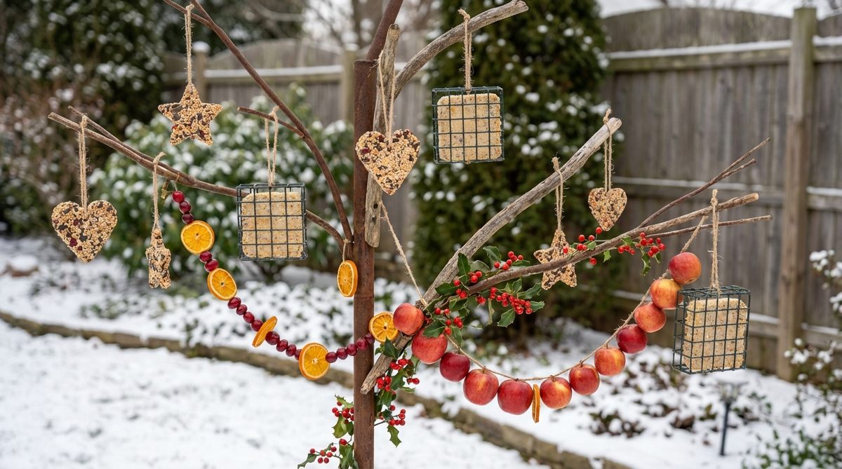 A close-up photograph showing birdseed ornaments, dried fruit garlands, and suet cakes hanging from an outdoor decor tree, with fresh apples and berries strung on natural twine to create a winter wildlife feeding station that supports birds and small mammals in the garden ecosystem.