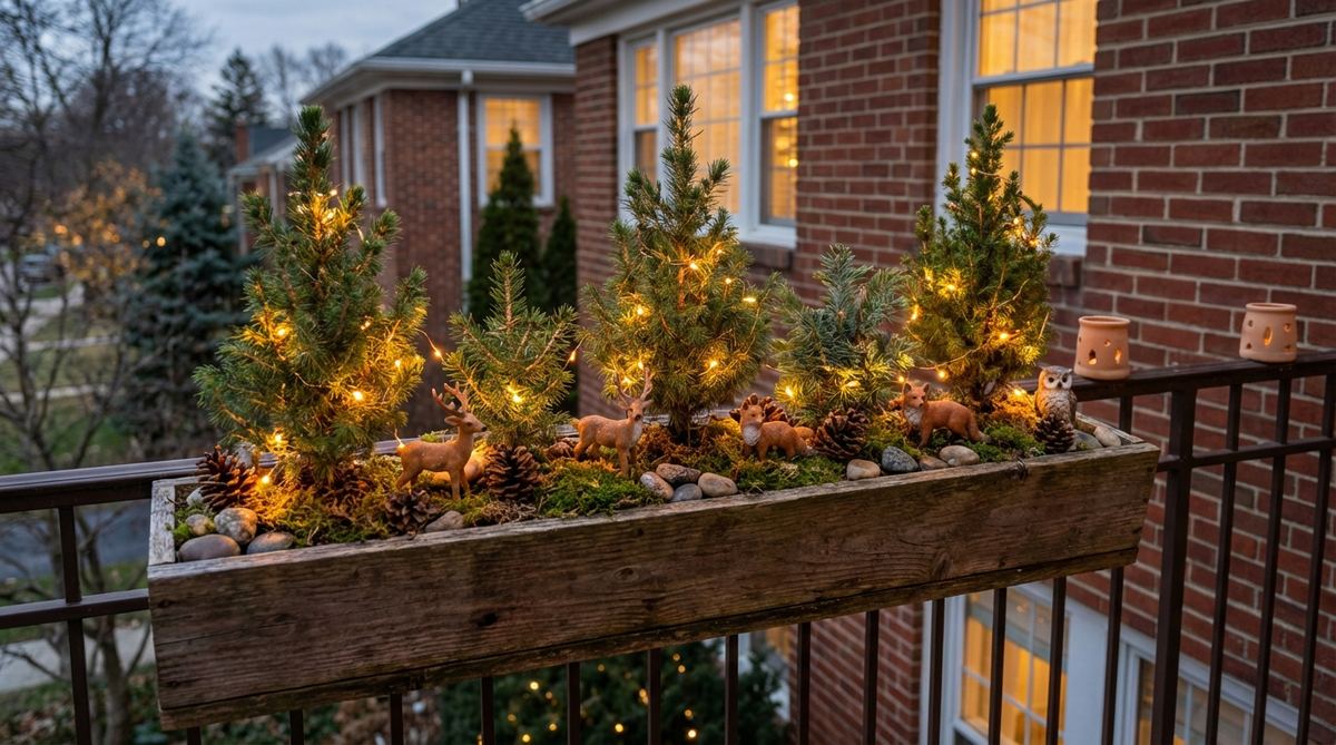 A festive balcony Christmas decoration featuring a window box mini forest with evergreen saplings, woodland figurines, and twinkling micro-lights creating a glowing woodland scene for holiday ambiance.
