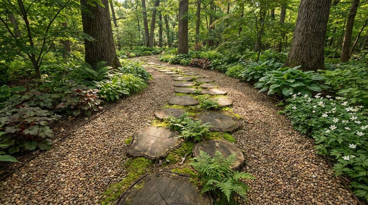 A natural garden path featuring tree trunk slices as stepping stones arranged organically within a bed of pea gravel, creating a woodland aesthetic perfect for shade gardens and naturalized landscapes.
