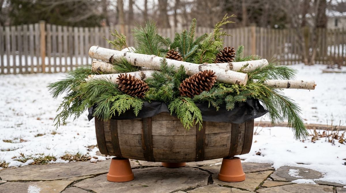Half whiskey barrel planter filled with layered winter elements including birch logs, evergreen branches, and decorative pinecones, elevated on pot feet for drainage with landscape fabric lining to protect the wood.