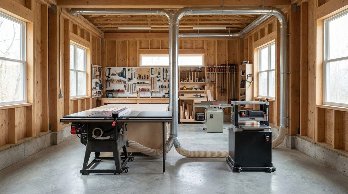 Interior view of a contemporary woodworking workshop shed showing table saws, planers, and jointers on a concrete slab foundation with integrated dust collection systems. The space features 16-inch on-center framing with wall-mounted tool racks, heavy pegboard systems, and multiple north-facing windows providing shadowless natural light across work surfaces.