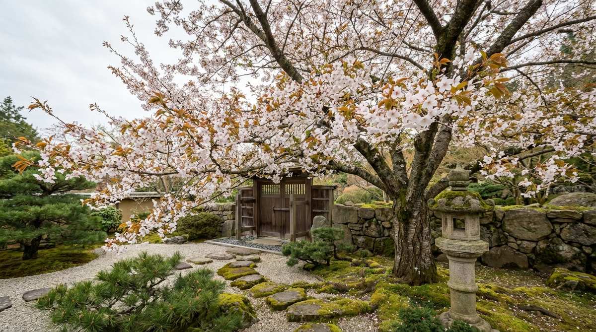 A Yamazakura mountain cherry tree in a traditional Japanese garden setting, showcasing its characteristic white to pale pink five-petaled flowers that bloom simultaneously with bronze-colored new leaves. The tree displays the natural, rustic aesthetic prized in Japanese garden design, with an irregular crown reaching 30-40 feet tall. The combination of delicate blossoms and emerging foliage creates a soft, harmonious effect that exemplifies the species' cold hardiness and adaptability to various soil conditions.