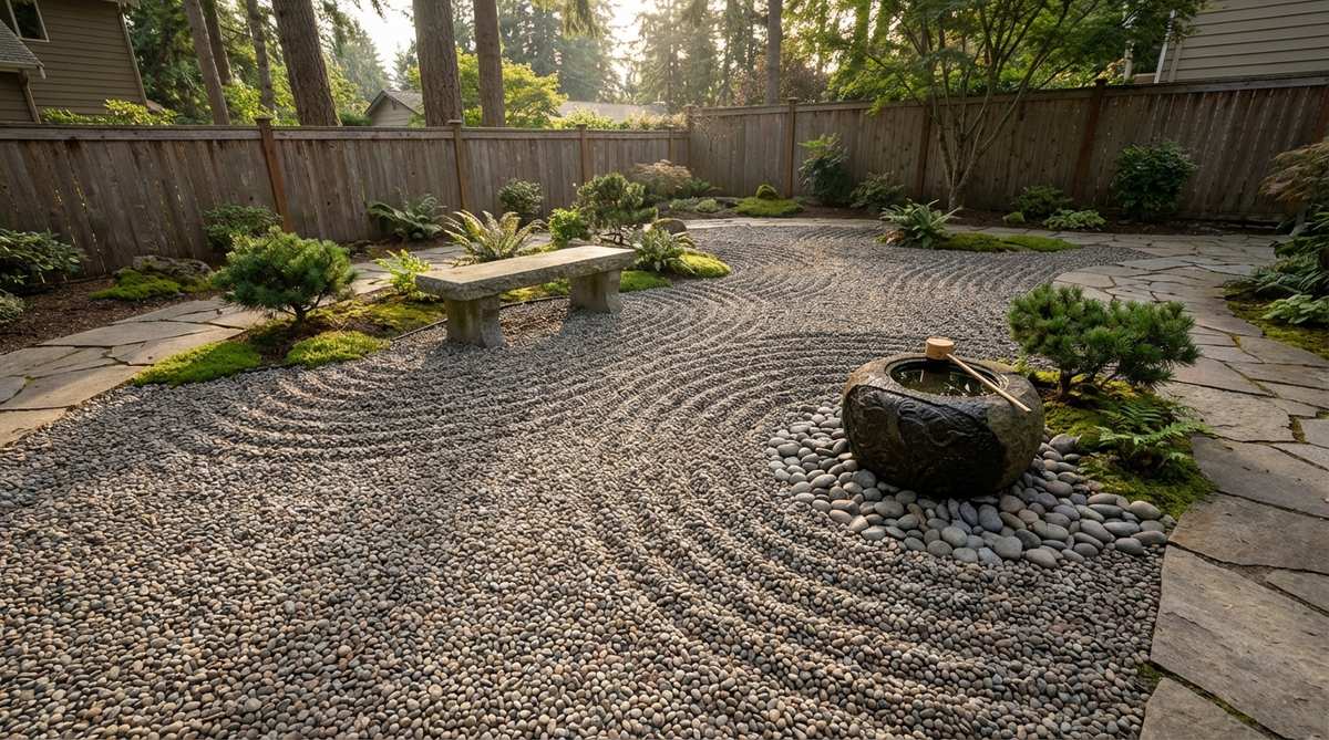 A serene pea gravel garden designed as a Zen meditation corner, featuring smooth gravel raked into concentric patterns around a stone bench and water basin. Following Japanese garden principles, this contemplative space includes minimal plantings and demonstrates how raked gravel creates visual interest that changes with light throughout the day.