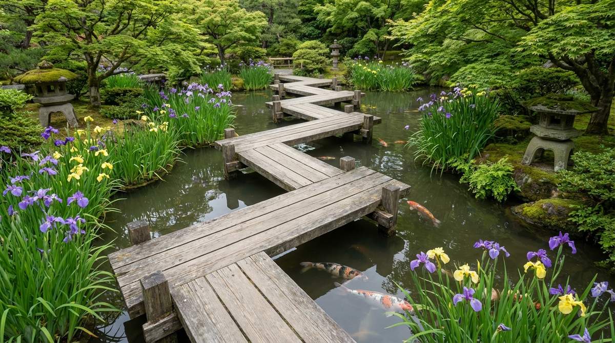 A wooden zigzag Yatsuhashi bridge with eight connected planks turning at right angles, creating a meandering path across a Japanese garden pond. The design forces slow, contemplative movement, allowing appreciation of koi fish, water plants, and iris blooms from multiple angles, while extending the garden journey according to traditional folklore.
