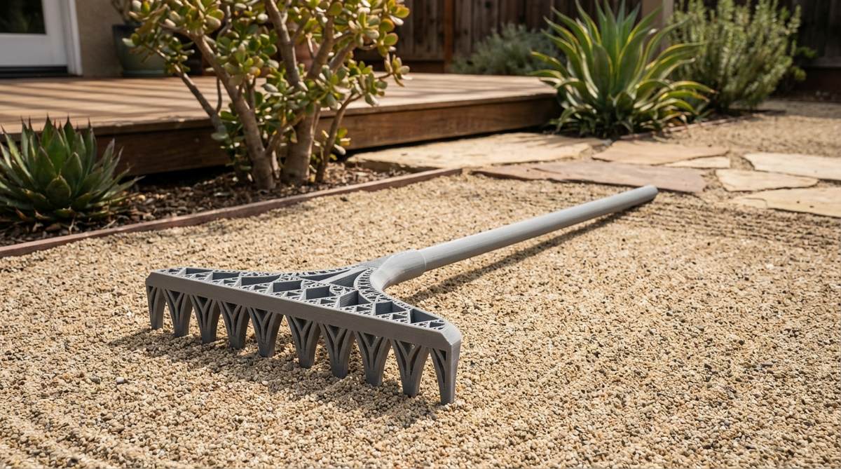 A 3D-printed custom zen garden rake with intricate fractal tine patterns, showcasing innovative digital fabrication technology for personalized garden tools.