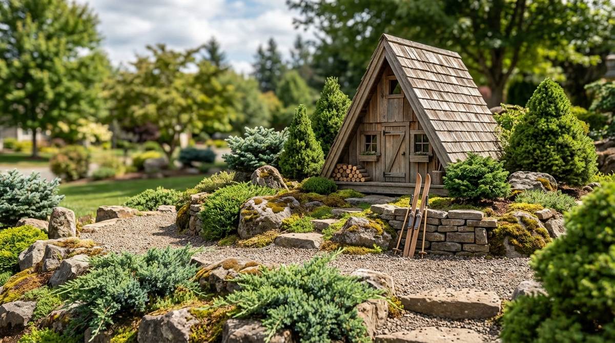 A miniature A-frame alpine cabin garden shed with a steeply pitched roof, natural wood tones, and an iconic triangular silhouette. Positioned in an elevated area of a tiered fairy garden, surrounded by evergreen plantings, miniature ski equipment, and rock garden elements to create an alpine atmosphere.
