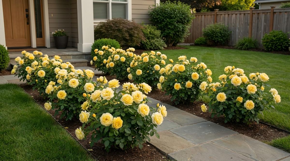 Butter-yellow fragrant floribunda rose with 10cm diameter blooms on compact 50cm plants. Features spicy fragrance, strong flowering habit, disease resistance, and cold hardiness. Ideal for container groupings, modern entryways, and narrow garden spaces with reliable repeat blooming.