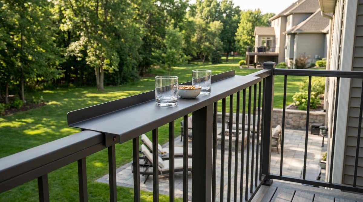 A sleek aluminum drink rail mounted to a railing or wall, providing a narrow drink surface without taking up floor space. Perfect for minimalist garden furniture on balconies or patios, this rust-resistant rail keeps beverages elevated and clear of foot traffic while maintaining unobstructed views.
