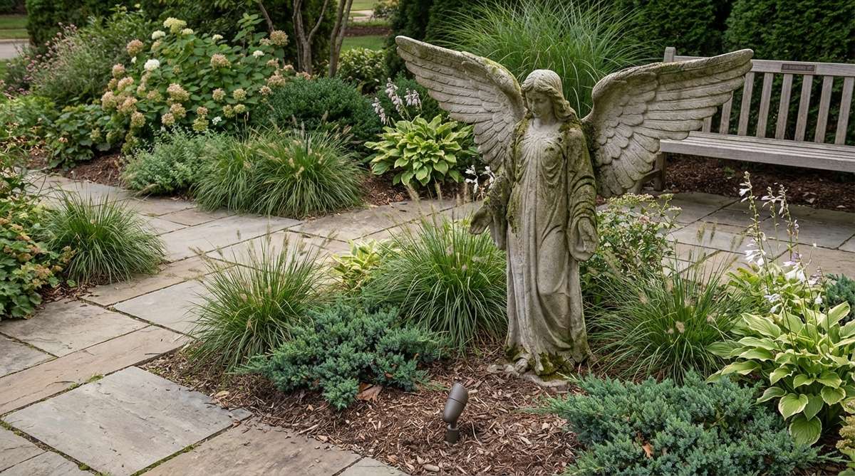 A guardian angel statue with outstretched wings, creating a protective presence in stone gardens. Perfect for memorial sections or quiet corners, with dramatic wingspan and emotional impact. Ideal for uplighting at night to create an ethereal focal point.