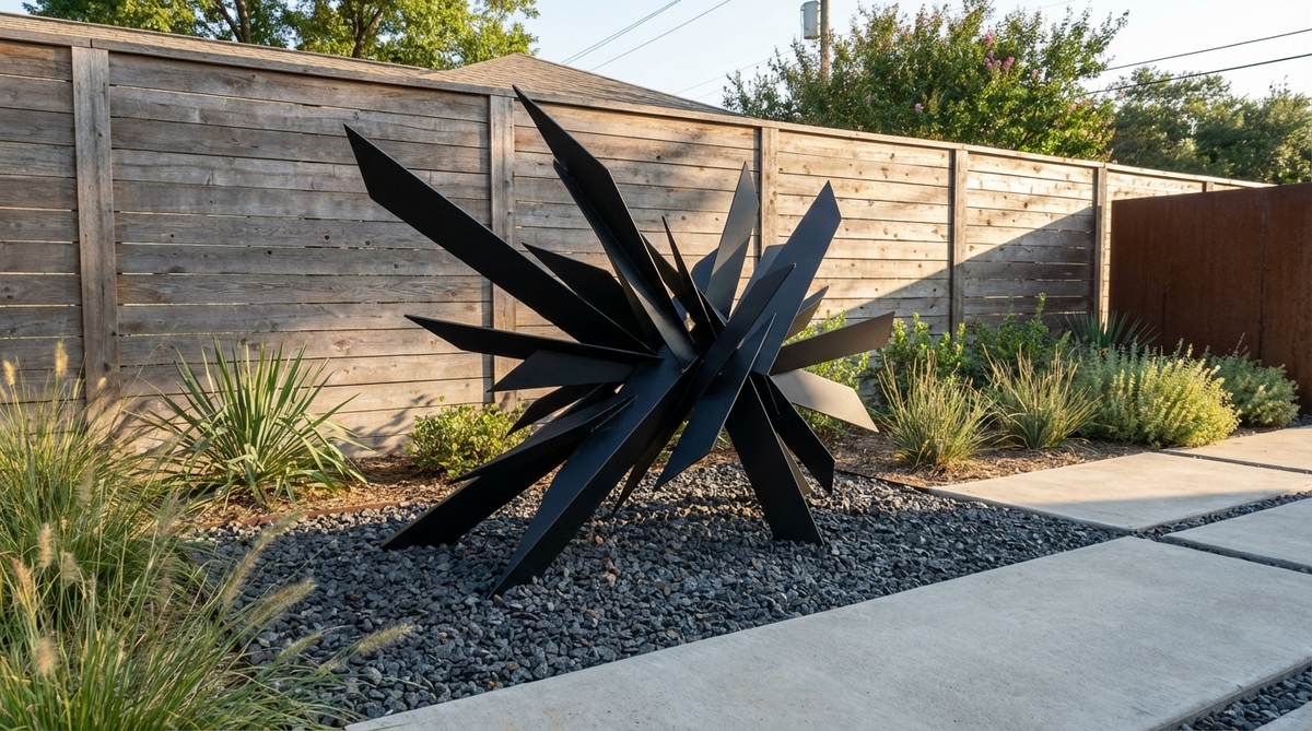 A contemporary garden sculpture featuring multiple angular metal shards arranged in dynamic cluster formations, suggesting explosion or crystalline growth. Made from powder-coated steel, it offers color customization options like matte black or metallic finishes, designed as a bold focal point for urban or minimalist landscapes.