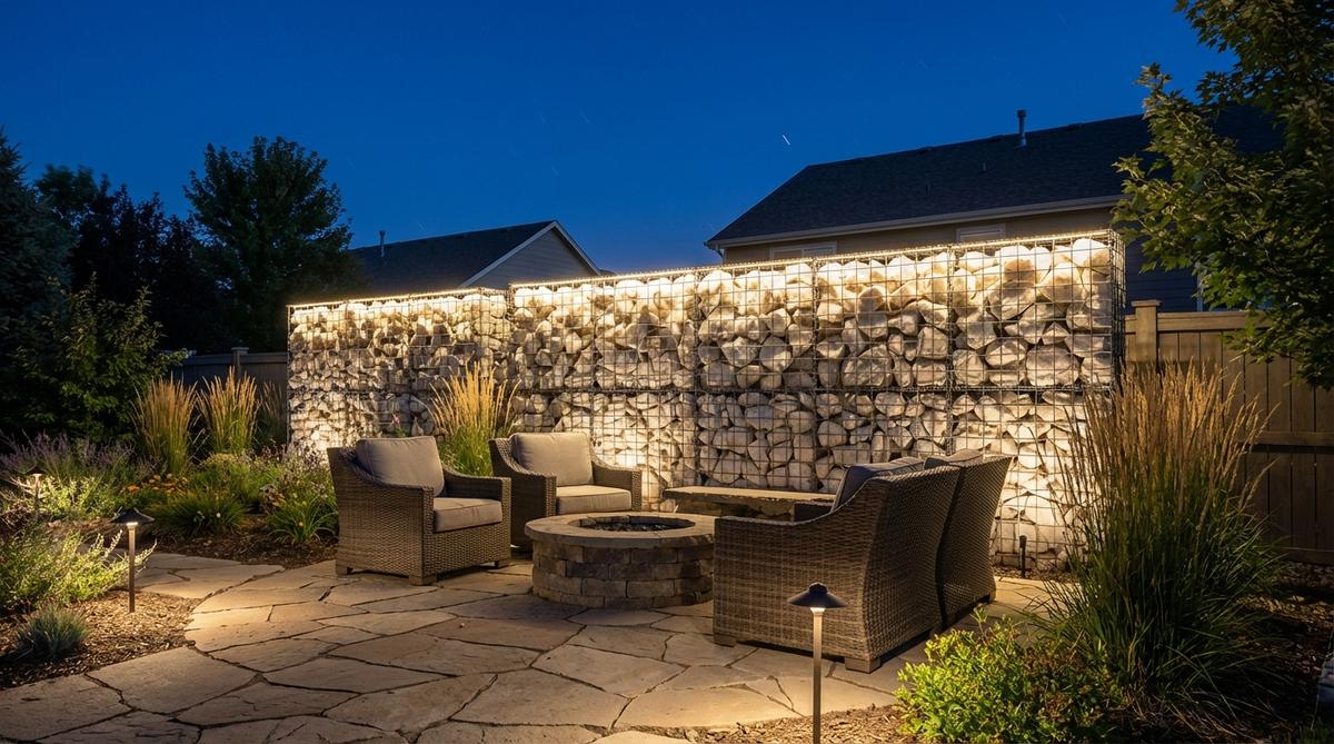 A dramatic backlit gabion wall with LED strips mounted behind semi-transparent white stones, creating a nighttime focal point that emphasizes texture and depth. Ideal for transforming utilitarian retaining walls into architectural features that enhance evening outdoor experiences.