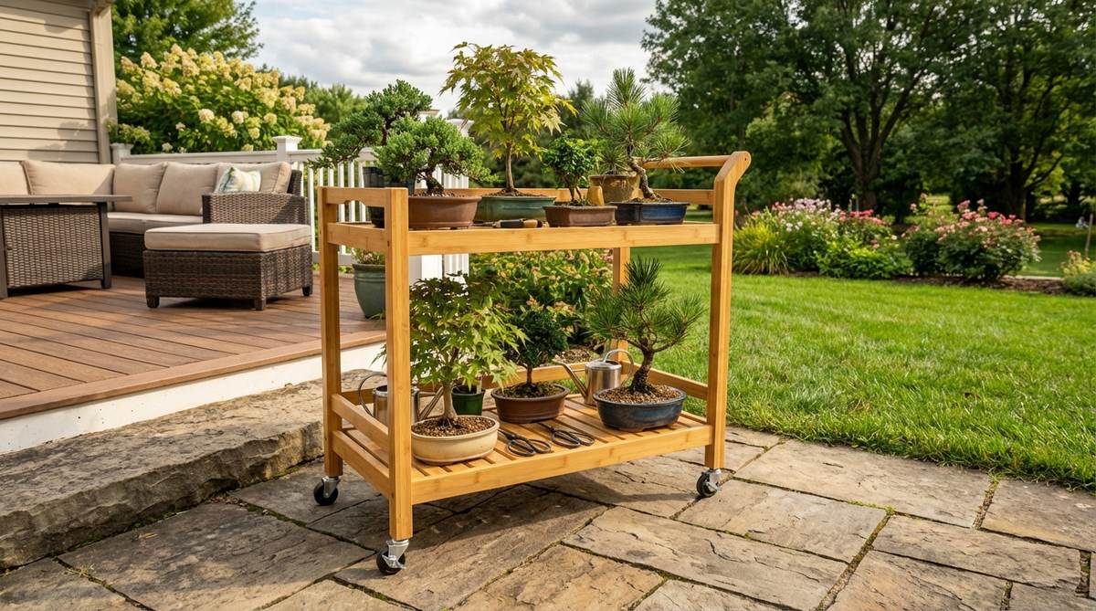 A three-tier bamboo rolling cart used as a mobile display for bonsai trees, allowing easy movement between indoor and outdoor locations for optimal light and seasonal positioning.