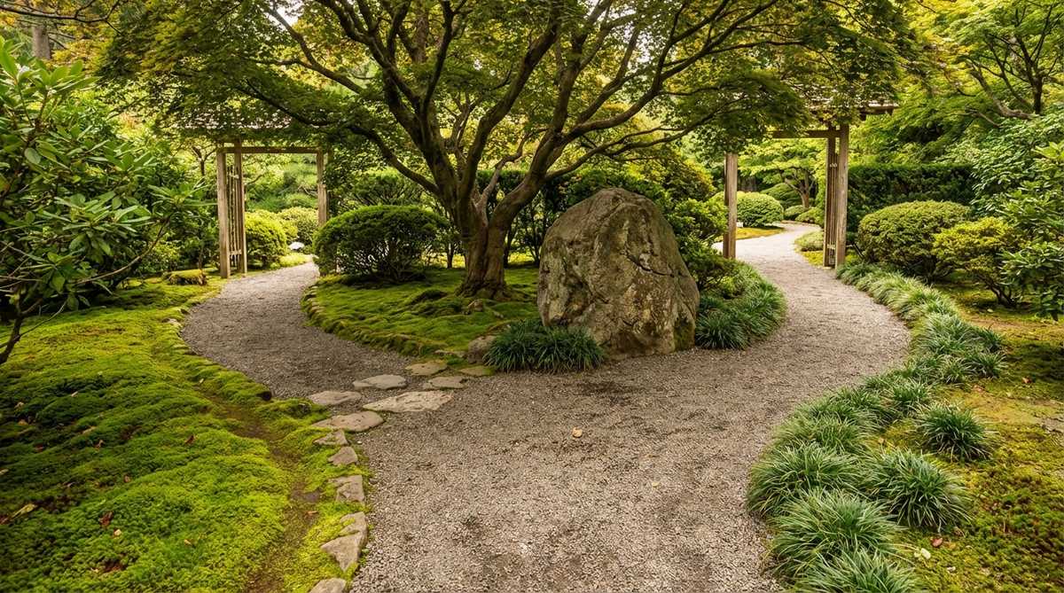 A split path in a Japanese garden where the trail divides around a significant tree or rock, forcing visitors to choose between two routes that reunite beyond the obstacle. One branch is edged with moss while the other features dwarf mondo grass, creating distinct visual experiences that enrich comprehension of the garden element.