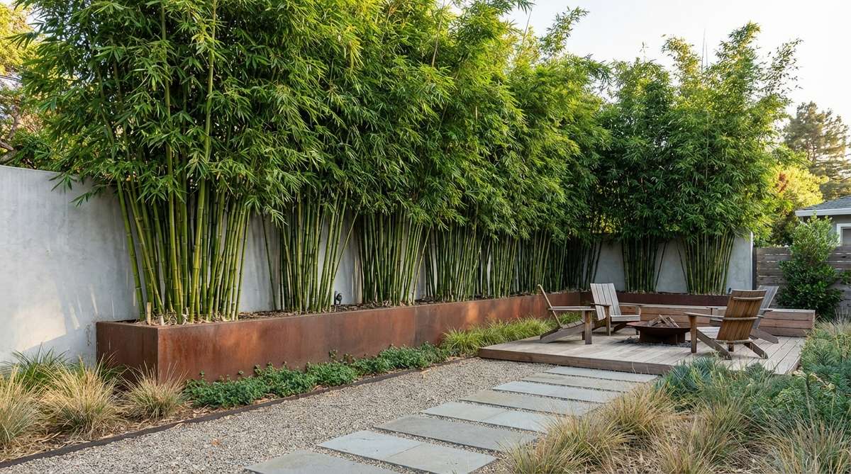 Clumping bamboo varieties growing upright to create a living wall with vertical canes and narrow leaves, adding height without horizontal spread in a minimalist garden setting.