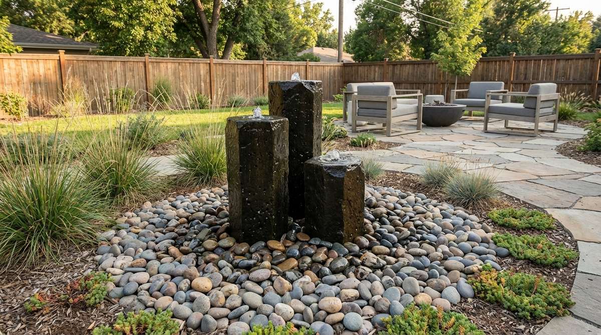 A modern garden featuring drilled basalt columns bubbling water, surrounded by contrasting river rock. This minimalist water feature serves as a focal point, with recirculating pumps and a small reservoir basin, creating soothing sounds that mask noise and attract birds and beneficial insects.