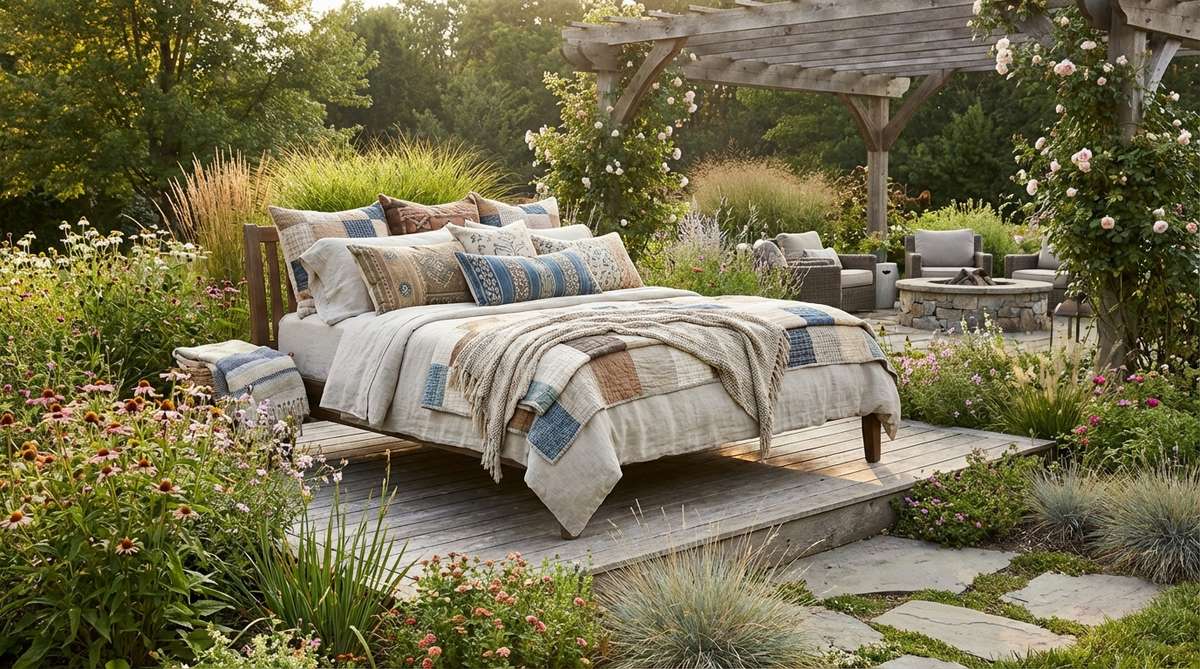 A boho-style bed with multiple textile layers including fitted sheets, flat sheets, quilts, duvets, blankets, throws, and abundant pillows in varied patterns and textures. The composition starts with neutral base linens, adds printed quilts, contrasting throws, and decorative pillows, creating a cozy, inviting focal point in a bedroom.