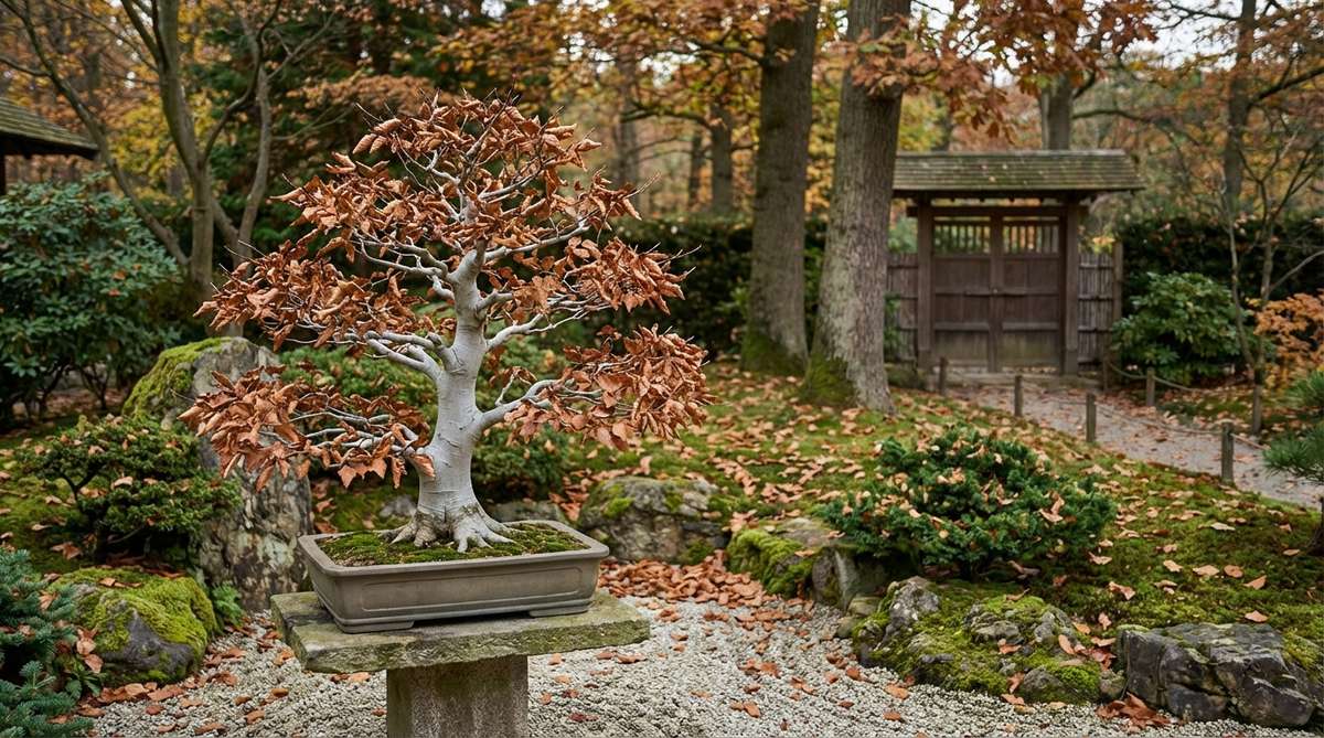 A European Beech (Fagus sylvatica) bonsai tree in a Japanese garden setting, showcasing its smooth gray bark and marcescent foliage that provides winter interest. The image captures the tree's seasonal transformation from copper-tinted spring leaves to mature green foliage and autumn bronze coloration.