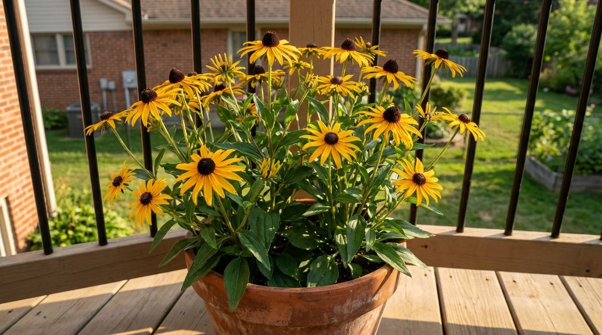 A close-up view of a Black-Eyed Susan (Rudbeckia) plant with golden petals and dark centers, thriving in a container on a sunny balcony. The image highlights its sturdy stems, dwarf cultivar 'Goldstrum' characteristics, and vibrant blooms from summer to fall, showcasing its suitability for balcony gardens with full sun and moderate watering needs.