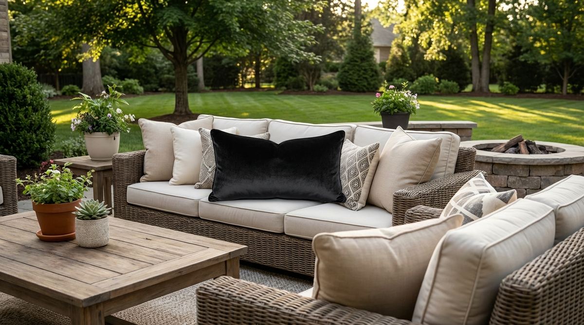 A black velvet lumbar pillow with a luxe sheen, adding sophistication and subtle drama to boho seating arrangements. Perfect for placement on sofas or beds among matte textured pillows, it catches light to create dynamic visual interest in home decor.