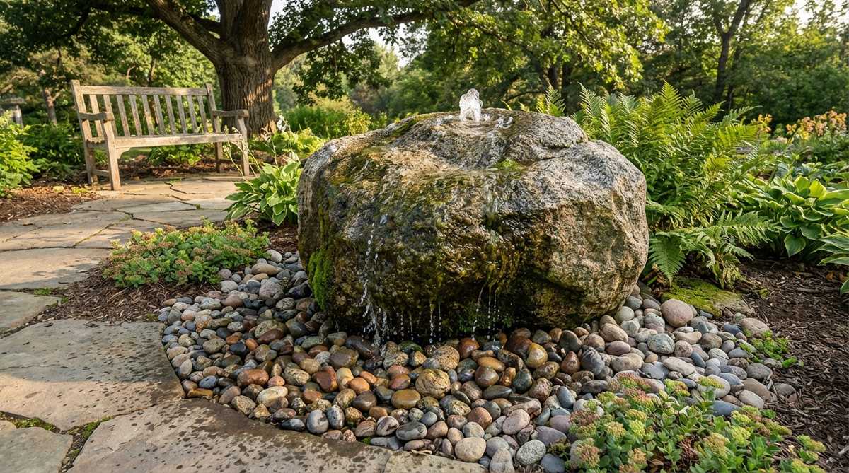 A naturalistic garden fountain created from a large drilled boulder, with water bubbling over its surface into a hidden reservoir basin surrounded by river rocks, providing auditory interest and minimal maintenance.