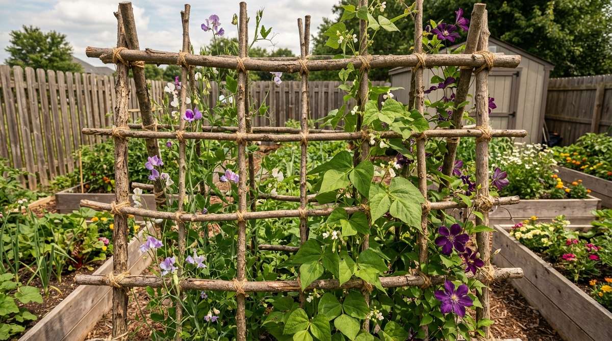 A rustic garden trellis made from natural branches and twigs, showing how straight branches are lashed together with jute twine to create a textured surface for climbing plants like peas, beans, and clematis in a cottage garden setting.