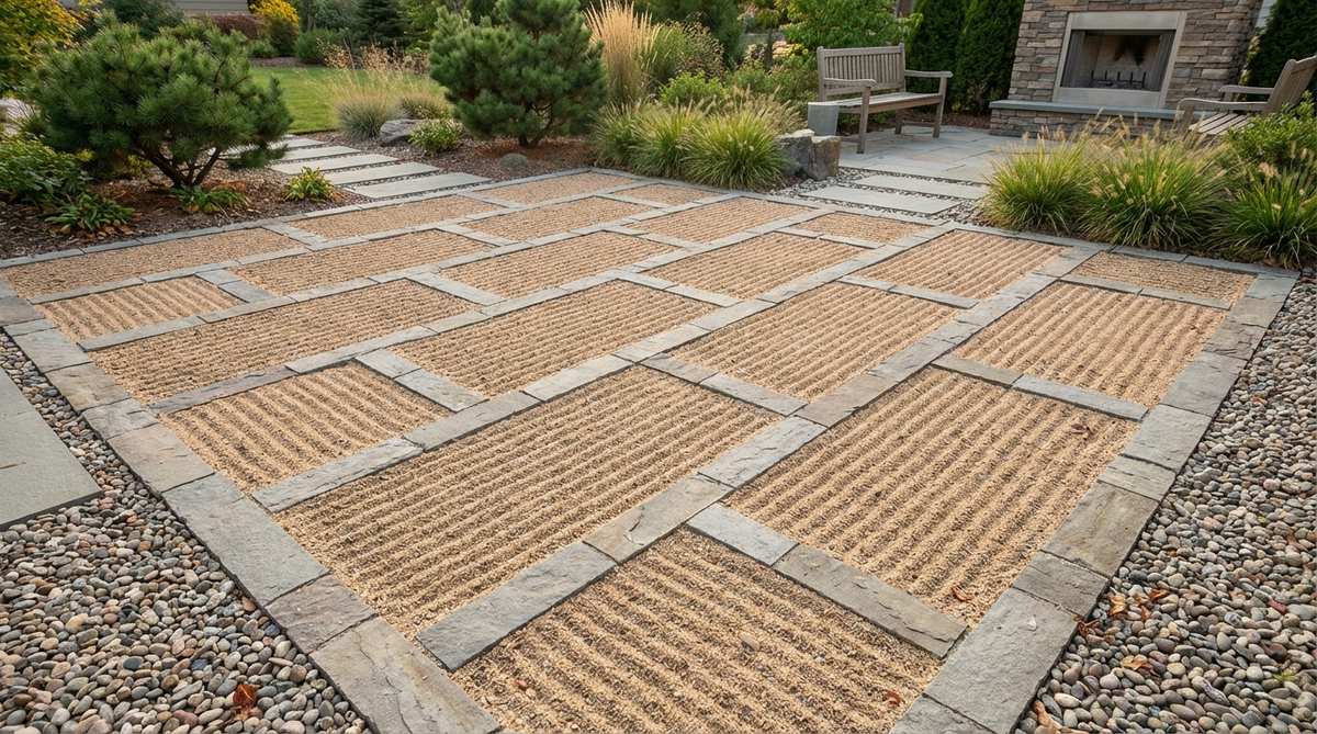 A zen garden sand pattern featuring rectangular sections arranged in an offset brick bond layout, creating modular visual rhythm that references architectural materials while maintaining traditional aesthetics. The design shows alternating raking directions in each zone, bridging between hardscape paving and gravel areas.