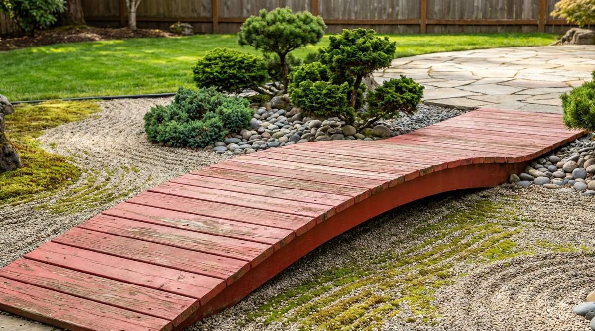 A curved wooden or stone bridge pathway element in a miniature zen garden, symbolizing transition and connection between life states. Features traditional red-lacquered design that adds vibrant color contrast to the sand landscape, with arched construction creating three-dimensional interest in flat garden arrangements.