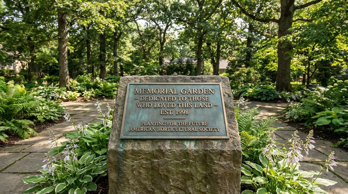 A bronze plaque engraved with text, used as a decorative and functional element in garden settings such as memorial gardens, botanical labels, or historic site interpretation. The plaque features raised lettering that stays legible as it develops a natural patina over time, mounted on a stone plinth or attached to a wall or boulder for wayfinding or identifying plants in educational gardens.