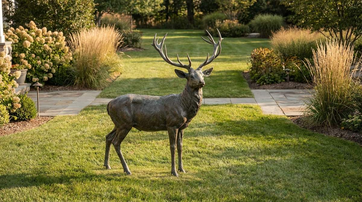 A male deer sculpture with prominent antler racks, ideal for open lawn areas or garden clearings. Features detailed antlers ranging from simple spikes to elaborate multi-point spreads, designed as a solitary focal point in garden decor.