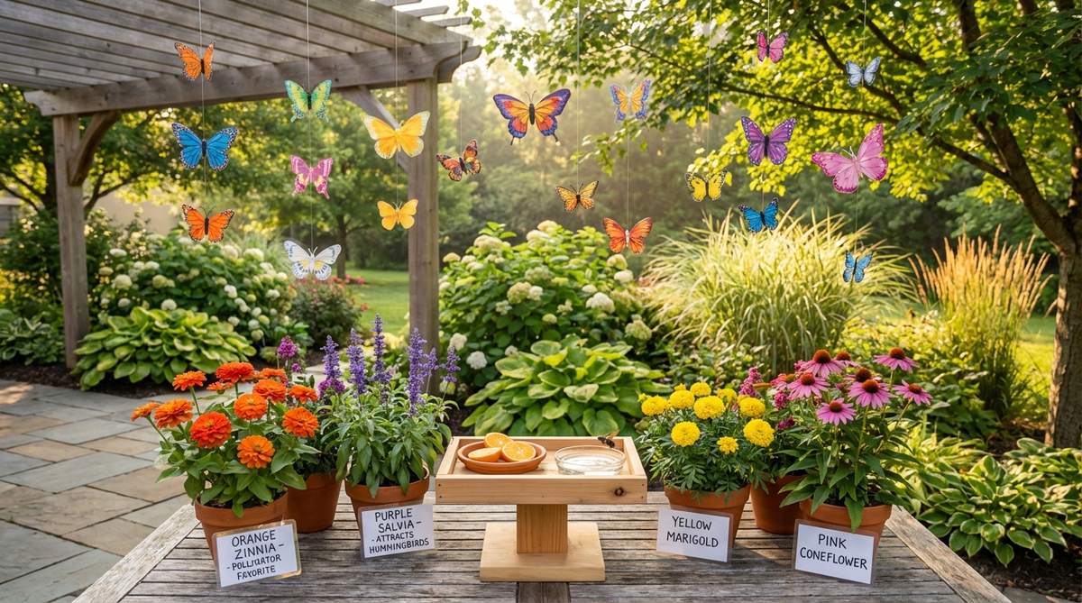 A vibrant mini garden party scene featuring suspended butterfly decorations in paper, fabric, and plastic at varying heights, with bright multi-colored florals in orange, purple, yellow, and pink. Includes a butterfly feeder station with sliced oranges and sugar water in shallow dishes, and flower identification cards for educational engagement, set in a morning garden to attract pollinators.