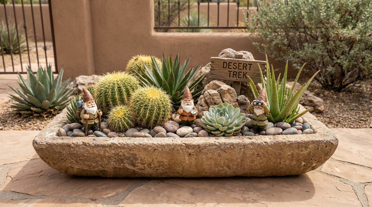 A miniature desert garden scene featuring gnomes styled as adventurers among succulents, cacti, and stones in a shallow dish or raised bed, perfect for hot, dry climates and low-maintenance patios or balconies.