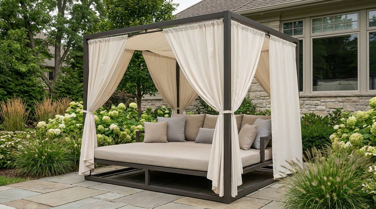 A canopy daybed in a garden setting, featuring integrated fabric panels for shade control and architectural drama. The aluminum or powder-coated steel frame supports retractable or fixed canopy systems, with plush cushions in weather-resistant covers for outdoor comfort. Positioned as a focal point visible from indoor spaces, it provides shelter for use during light rain or intense sun.