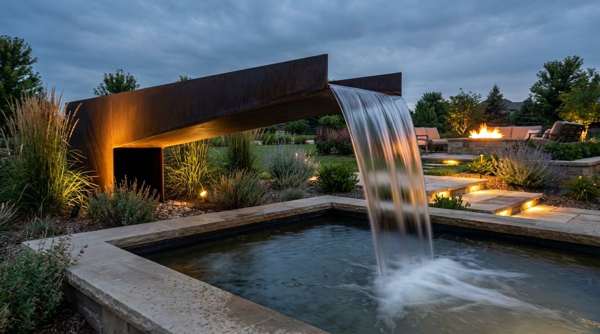A dramatic contemporary garden fountain featuring a cantilevered steel or concrete water blade sculpture. Water flows horizontally along the blade's length before dropping vertically, creating two distinct water experiences. The design appears to defy gravity and is enhanced by nighttime uplighting for maximum visual impact.