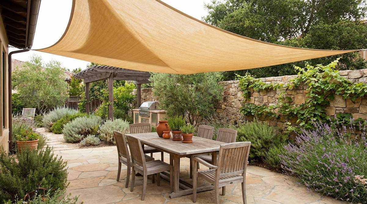 A triangular canvas shade sail mounted over an outdoor dining area, providing flexible shade with billowing fabric in sand or terracotta colors, evoking a Mediterranean seaside restaurant ambiance.