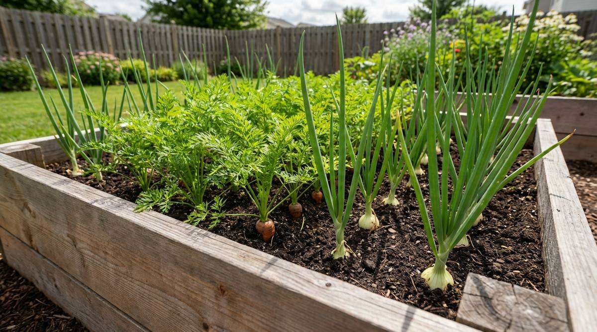 A close-up view of a raised garden bed showing alternating rows of carrots and onions, illustrating the interplanting technique to deter pests like carrot rust flies and onion maggots. The image highlights the complementary growth patterns and space-efficient design for harvesting two crops from a single bed.