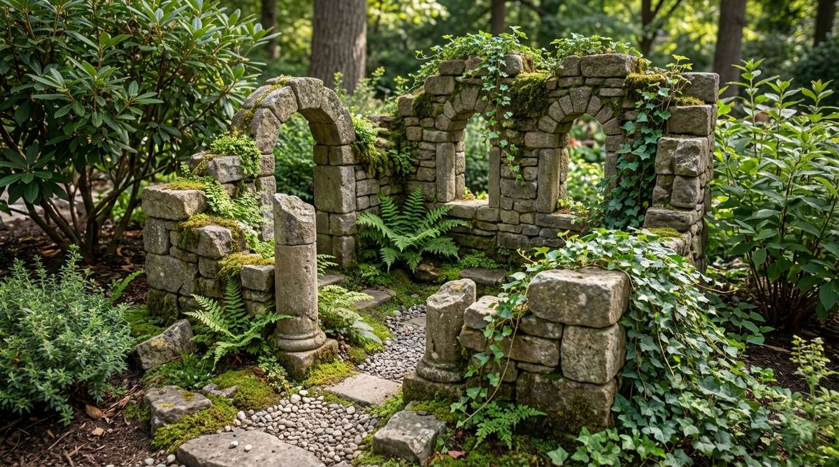 A miniature garden scene featuring ancient castle ruins partially reclaimed by nature, with stone pieces arranged to suggest decay and overgrowth. Moss and small ferns grow on and around the stone elements, creating visual tension and narrative depth in this romantically themed fantasy layout that remains botanically grounded.