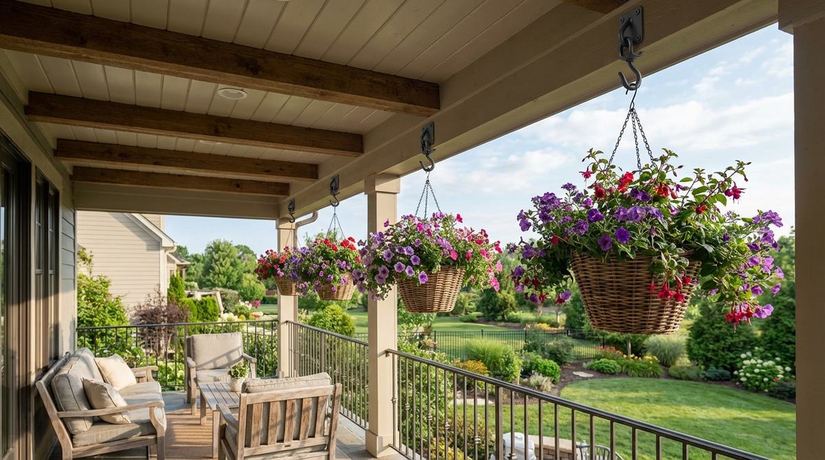 Heavy-duty swivel hooks installed in a balcony ceiling, supporting hanging baskets with trailing petunias, verbena, or fuchsia. The hooks are designed to penetrate structural beams for secure mounting, with swivel mechanisms allowing rotation for even plant growth. The setup demonstrates proper spacing to prevent overcrowding and ensure air circulation, ideal for adding season-long color to balcony decor.