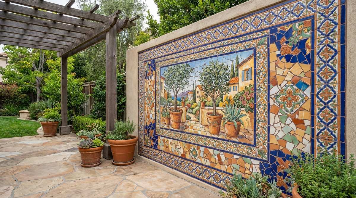 A colorful ceramic tile mosaic mural arranged in Mediterranean patterns, featuring broken tile pieces creating pictorial scenes on an outdoor wall. The glazed ceramic surface provides durability against fading and temperature fluctuations, installed with thinset mortar and sealed grout for moisture resistance.