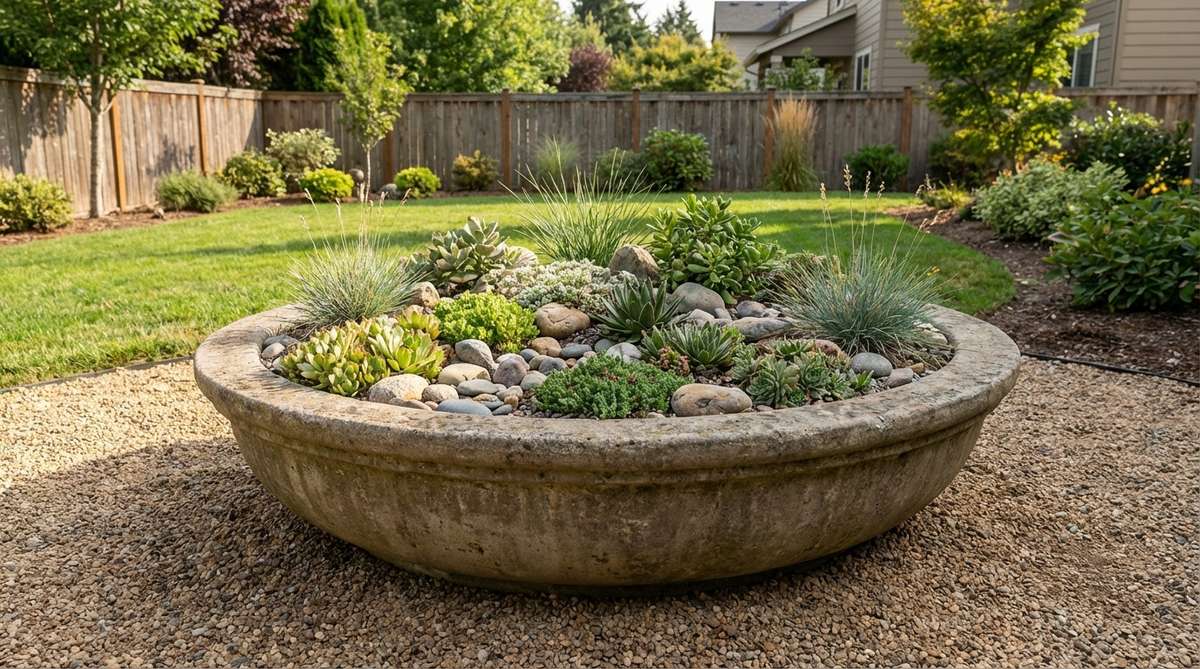 A wide circular planter, 36-48 inches in diameter and 12 inches deep, used to create ground-level gardens with miniature landscapes such as rock gardens, alpine collections, or succulent arrangements, ideal for drought-adapted species to prevent root rot.