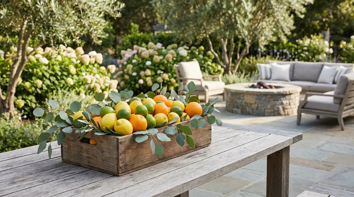 A vibrant outdoor party centerpiece featuring fresh lemons, limes, and oranges artfully arranged with eucalyptus branches in a wooden crate, creating a Mediterranean-inspired display that adds color and fresh citrus scent to the decor.