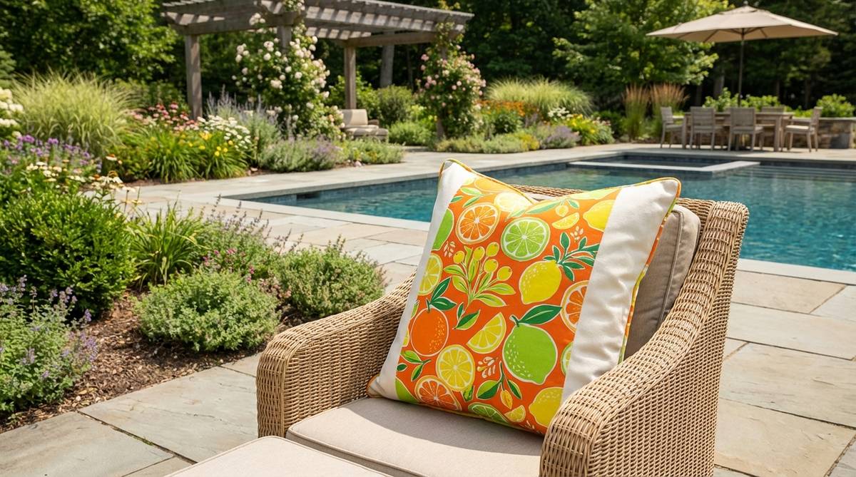 A vibrant outdoor decor pillow featuring a high-energy citrus color palette of orange, lime green, and bright yellow, designed to inject fun into poolside and entertainment areas. This summer-focused pillow is balanced with white or cream accents to prevent sensory overload, ideal for recreational spaces rather than quiet relaxation zones.