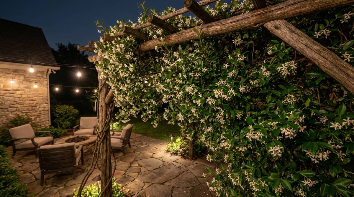 A climbing jasmine vine trained on a rustic trellis, showcasing star-shaped white blooms against dark green foliage. The image captures the romantic nighttime appeal of this fragrant boho garden plant, with vines cascading naturally across the support structure.