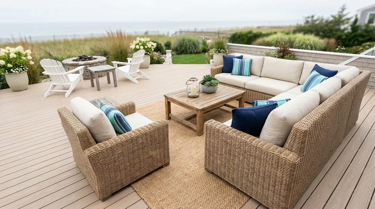 A serene outdoor deck featuring coastal fresh neutrals with soft white, sandy beige, and pale gray color combinations. The design includes light tan composite decking, white or cream upholstery on natural wicker or teak frames, and navy or aqua accent pillows for a nautical touch. Ideal for creating a cool, bright seaside ambiance in any location.