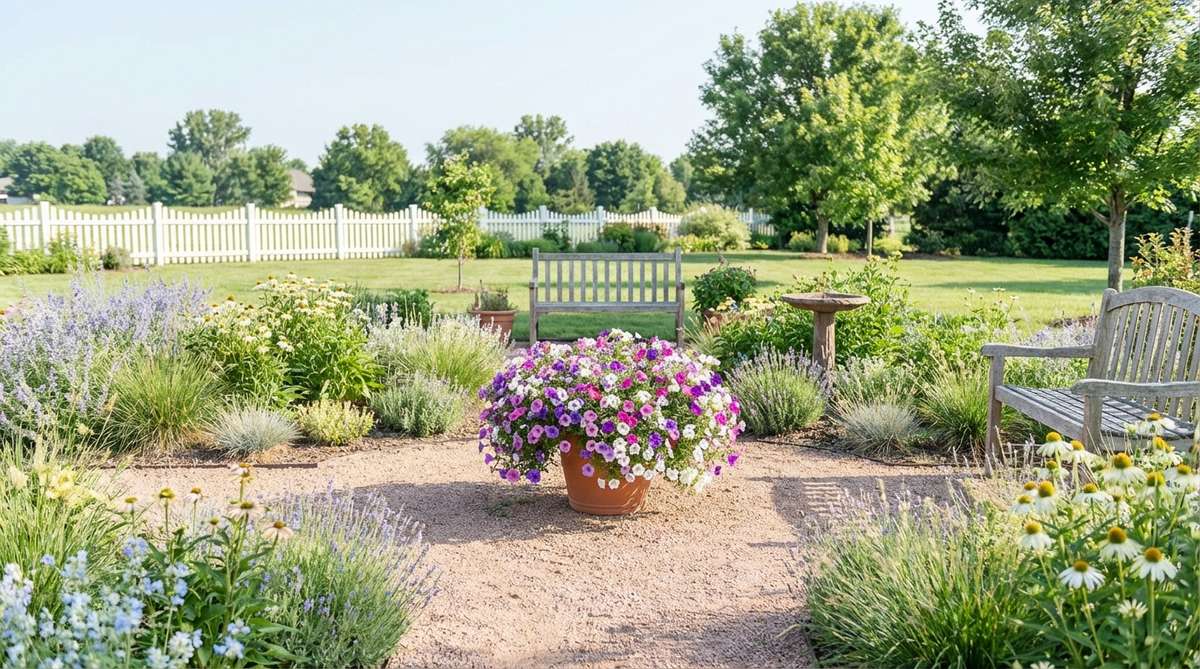 A vibrant miniature petunia plant with abundant trumpet-shaped blooms in various colors, thriving in full sun with continuous flowering. Ideal for small-space gardens due to its compact 6-10 inch height and heat tolerance.