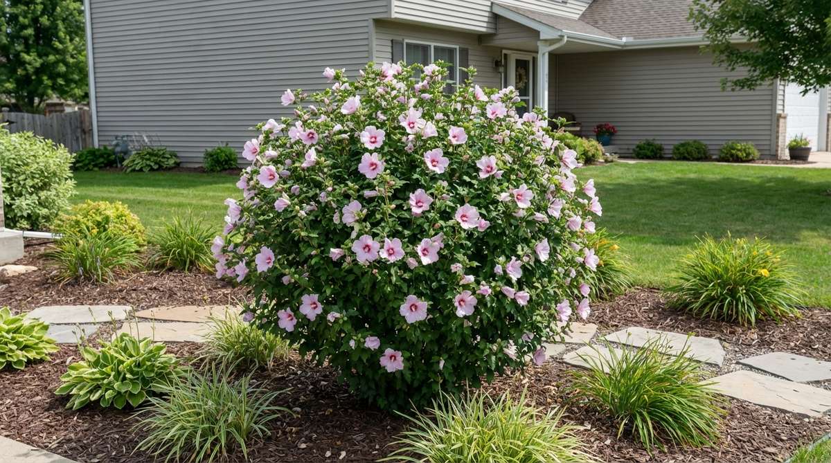 A vibrant Compact Rose of Sharon shrub from the Chiffon series, showcasing anemone-form flowers in full bloom during summer, ideal for small front gardens with low maintenance and pollution tolerance.