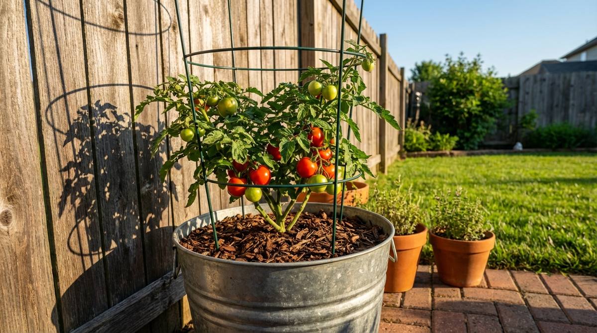 A compact tomato tower featuring determinate tomato plants growing in a deep galvanized bucket, supported by a tomato cage. The metal container absorbs and radiates heat to promote fruit ripening, positioned along a south-facing wall for optimal sunlight. Mulch covers the soil surface to regulate moisture and prevent blossom end rot.
