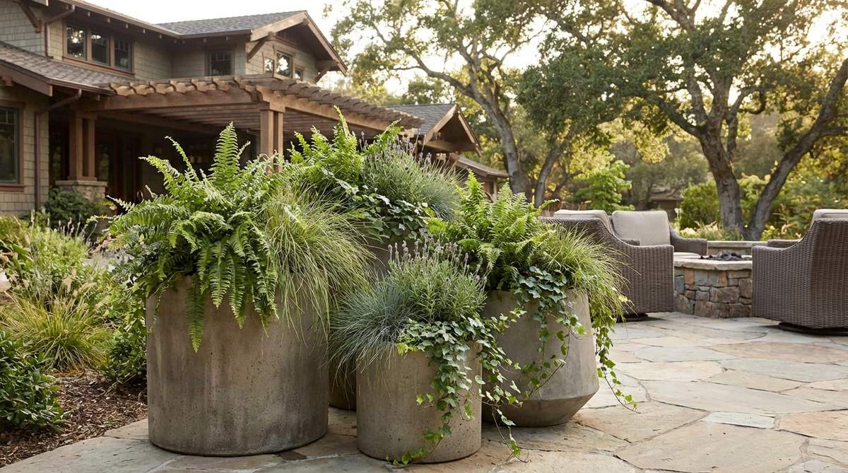 A large-scale concrete planter in a cylindrical or geometric shape, filled with lush wild botanicals such as cascading plants, ornamental grasses, or small flowering shrubs, spilling over the edges. Grouped in odd numbers at varying heights to create visual rhythm, this image showcases the contrast between structured industrial concrete and bohemian plant growth, embodying the tension of industrial boho decor.
